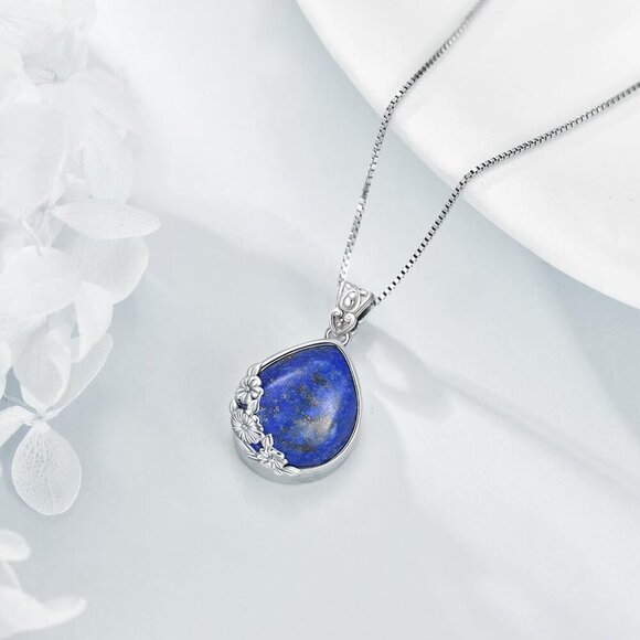 Lapis Lazuli Silver Necklace 18+2in Boho Gift for Women December Birthstone - Picture 3 of 6